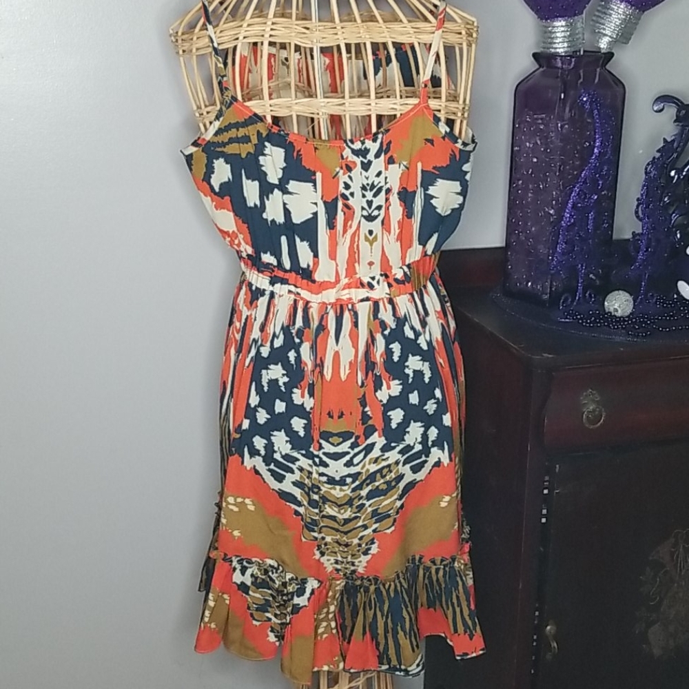 Forever Twentyone Boutique Medium Orange, Blue & Gold Boho Spaghetti Strap Dress - Picture 3 of 7